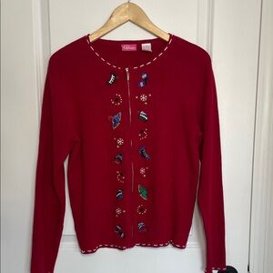Pappagallo Women’s Front Zip Winter/Holiday Embroidered Cardigan Sweater M